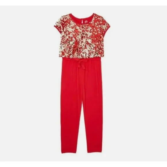 NEW Girls Sz XL 14-16 Plus Red with Gold Attached Sparkly Sequin Jacket Jumpsuit