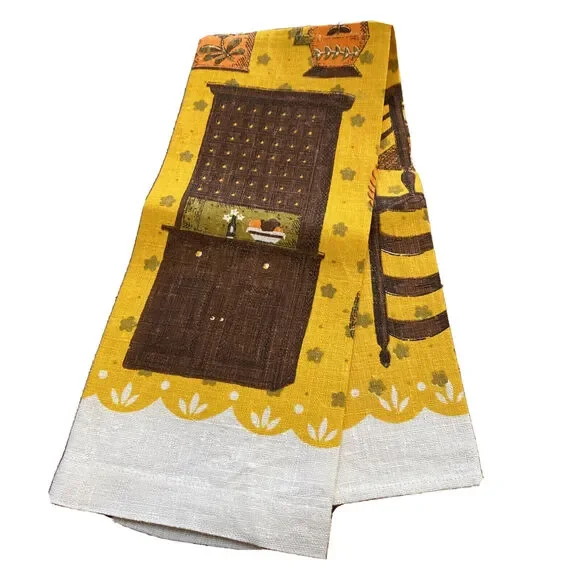 Vintage linen tea towel golden yellow orange brown retro 1970's colonial kitchen