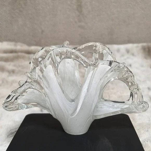 Vintage Murano Art Glass Napkin/Letter Holder White Clear Freeform Splash/Wave