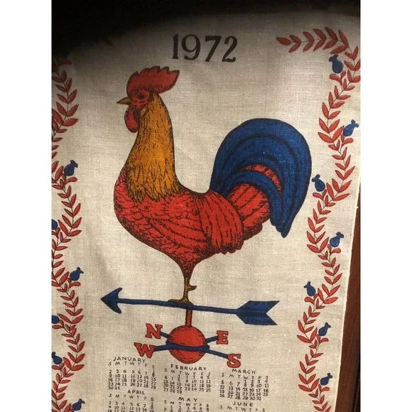 Vintage 1972 Linen Tea Towel Calendar with Large ROOSTER & Weathervane  EUC