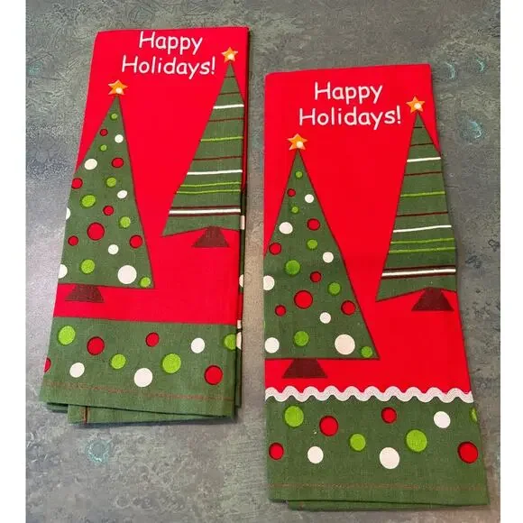 Christmas kitchen tea towels matching pair (2) festive red green holiday cotton