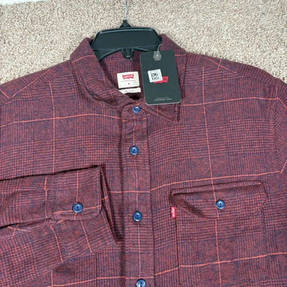 Levis Mens Relaxed Fit Flannel Shirt Burgundy Orange Plaid Cotton M NEW‎