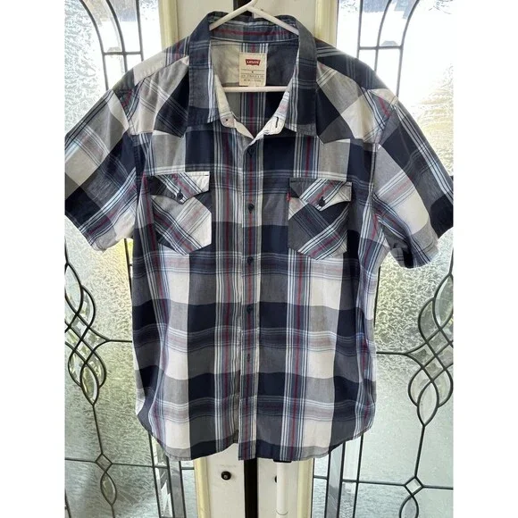 Levi's Men's  Polo Shirt XL  Plaid Blue White Short Sleeve Button-down Cotton