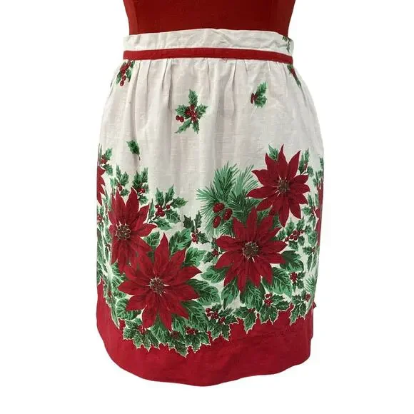 Vintage Christmas Apron Printed Cotton Red White Green Poinsettias & Holly Motif