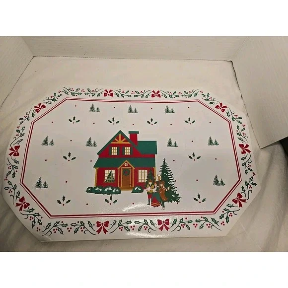 Lot Of 7 Vintage Christmas Vinyl Placemats Red & Green House With‎ Holly & Bows