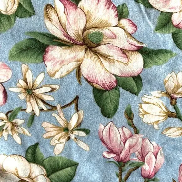 Blue & pink magnolia flowers tablecloth with greenery farmhouse cottage cabin