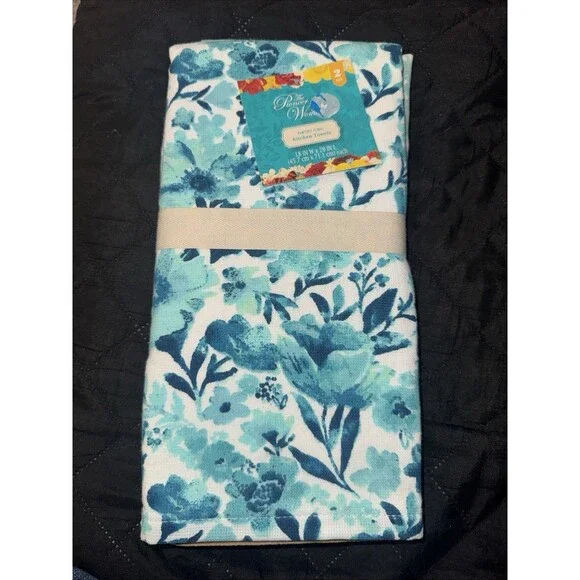 Pioneer Woman Painterly Floral Kitchen Towels Blue Turquoise 2-Pk Cotton NWT