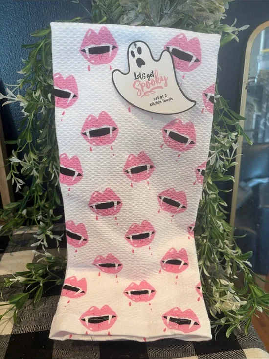 Let's Get Spooky Pink Vampire Lips Kitchen Towel - Set of 2