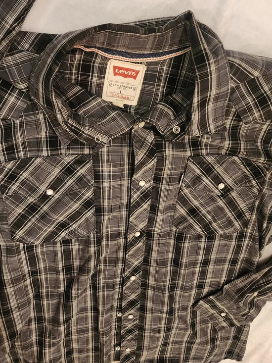 Levi's Gray and Black Plaid Snap-Front Button-Down Shirt Men's XL