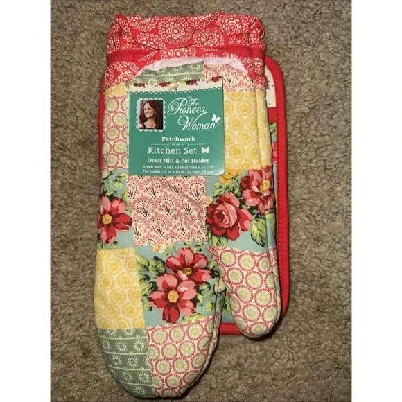 Pioneer Woman PATCHWORK  OVEN MITT & POT HOLDER Kitchen Set 13x7” & 7x10” HTF