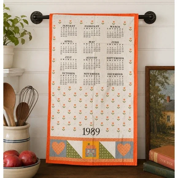 Vintage 1989 Calendar Tea Towel Tulips Hearts Folk Art Kitchen Dish Towel Orange