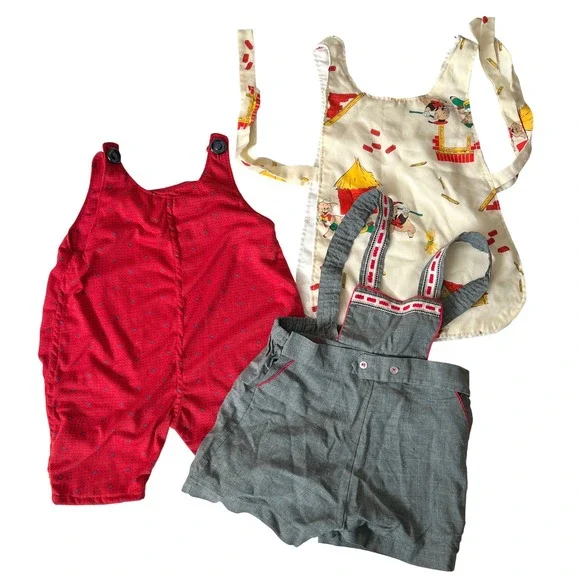 Vintage Baby Toddler Overalls Bundle Red Gray 3 Little Pigs Apron Clothes Bundle
