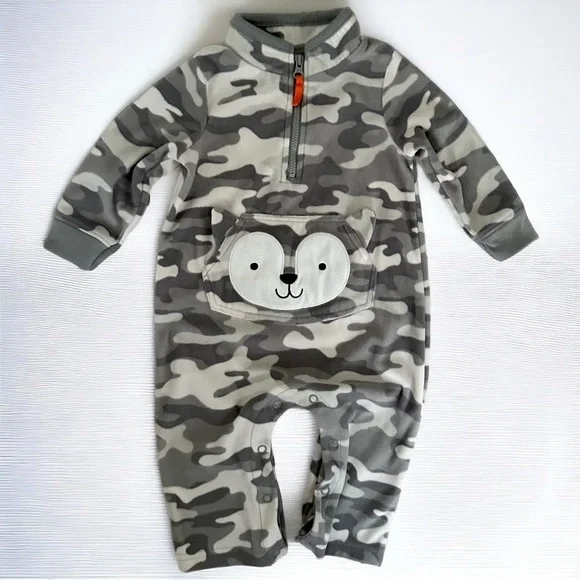 Carter’s Camouflage Fleece 1/4 Zip Jumpsuit One Piece Animal Pocket 3D Ears