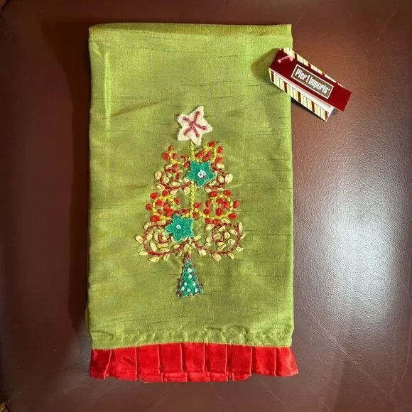 Pier One Imports Festive Green embellished Christmas Tree Tea Towel NWT