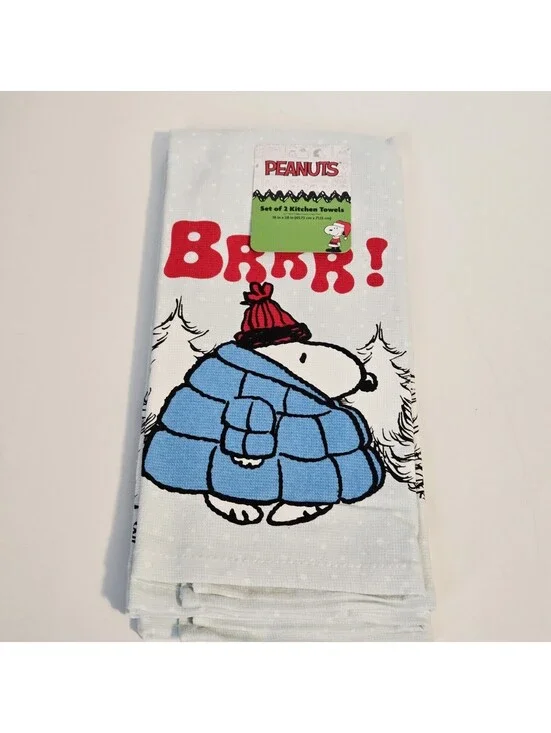 Peanuts Snoopy Puffer Jacket BRRR!  2pk Kitchen Towels Christmas NWT