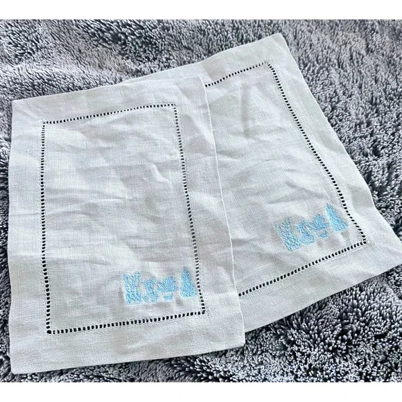 Sferra Vintage Embroidered Gray Linen Cocktail Napkins - Set of 2 Floral Napkins
