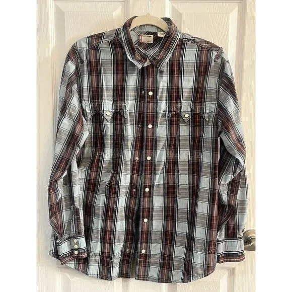 Levis Shirt Men's Large Blue Plaid Pearl Snap Long Sleeve Western Modern Fit MED
