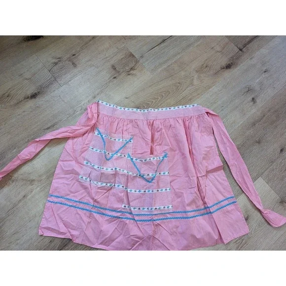 Vintage‎ Kitchen Apron Skirt Half Pink Floral Trim Tie Back
