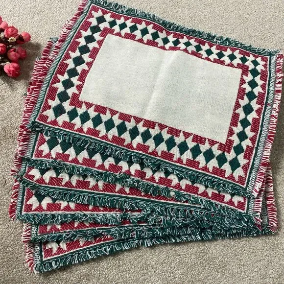 6 VTG Woven Decorative Placemats Red‎ Green Geometric Fringe Boho Retro Rustic