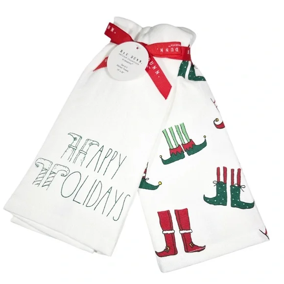 NEW Rae Dunn HAPPY HOLIDAYS Elf Christmas Kitchen Towel Set/2