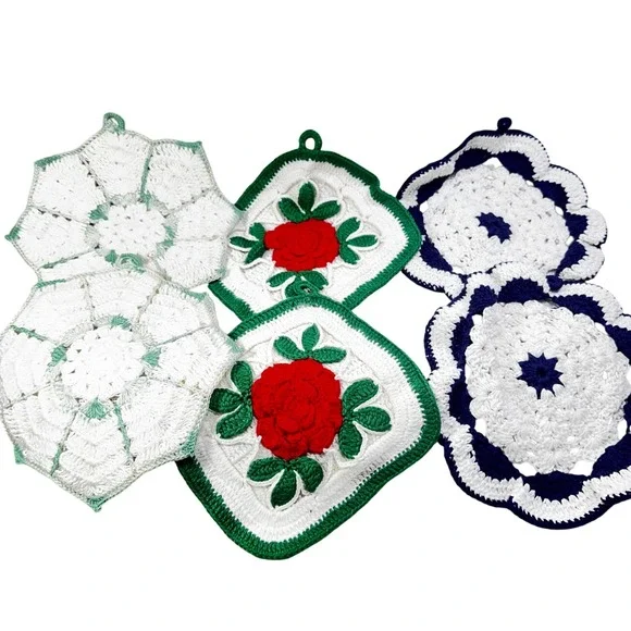 Vintage Handmade Crochet Potholder Set‎ 6pc Red Rose Navy Blue Mint Green Floral