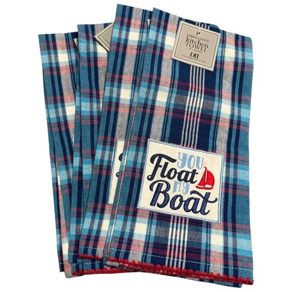 NWT DII You Float‎ My Boat Kitchen Towels Blue Red Plaid Nautical Set of 4