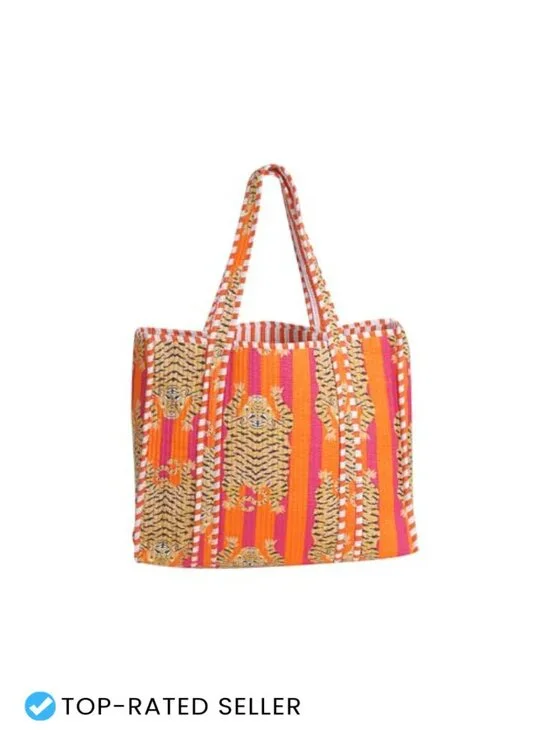 Handmade Cotton Block Print Tote Bag, Tiger Motif, Reusable Shopping Shoulder