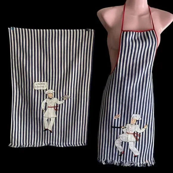 Full Bib Apron Set with Dish Towel Blue Stripes Crepes Suzette! Hand Embroidered