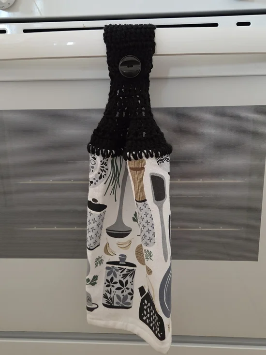 Black Crochet-Top Kitchen Towel with Printed Utensils