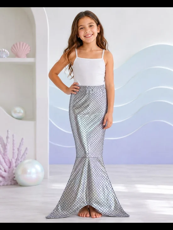 Justice Girls Mermaid Tail Skirt Size L Silver Holographic Costume Dress Up Cosp