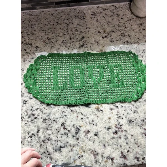 Handmade Vintage Green Filet Crochet Word Doily Love