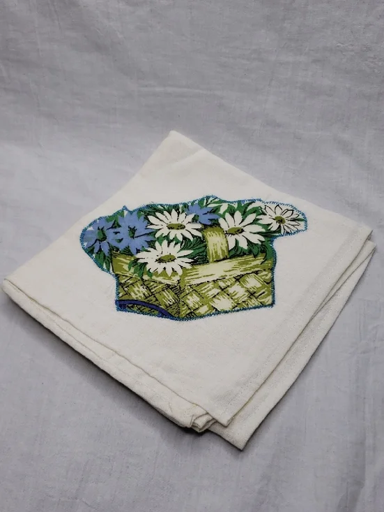 Vintage Applique Blue Flower Basket XL Dish Towel