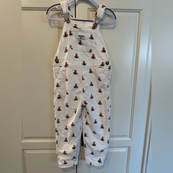 Rare! Reissued Vintage Inspo OshKosh B'gosh Kids White Overalls w/ Bear Pattern