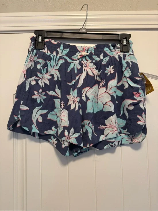 ROXY Girls' Hula Soleil shorts in a blue palm tropical COLOR