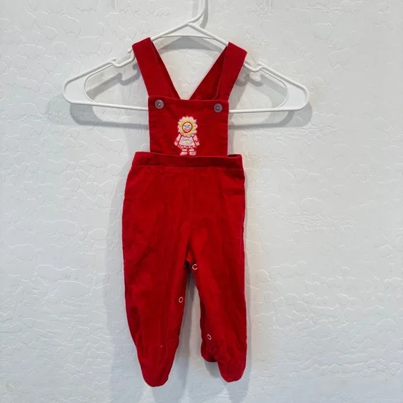 Vintage Colorkids Overalls 0-6 Months Red Corduroy Cotton Embroidered Flower