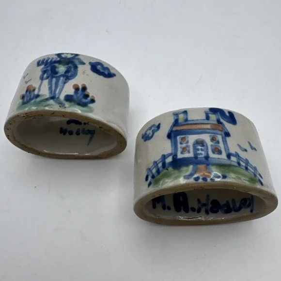 M A Hadley Art Pottery Napkin Rings Set 2 Farmer &‎ Farmhouse House Cottagecore