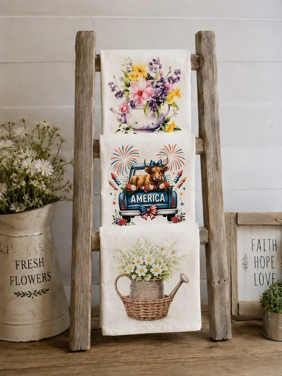 Set of 3 Decorative Floral & Patriotic Tea Towels