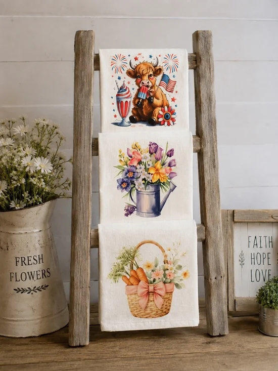 Set of 3 Decorative Kitchen Towels - Patriotic Cow, Spring Bouquet & Basket