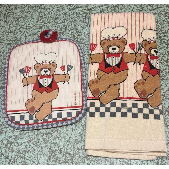 Vintage 1980s Teddy Bear Chef Kitchen Set Towel & Potholder B&D Made In USA