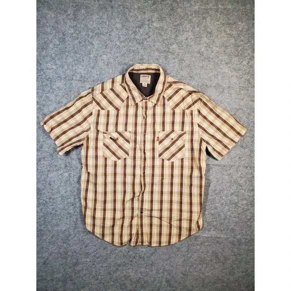 Vintage Levis Authentic Jeans Wear Western Pearl Snap Shirt Brown Plaid Mens XL
