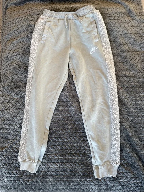Nike Kids Sage Green Joggers with White Sherpa Side Panels