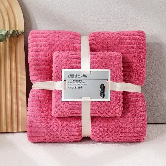 Pink Rose Bath Towel Set Soft Textured Ribbed Spa Style Gift Wrapped Home Decor‎