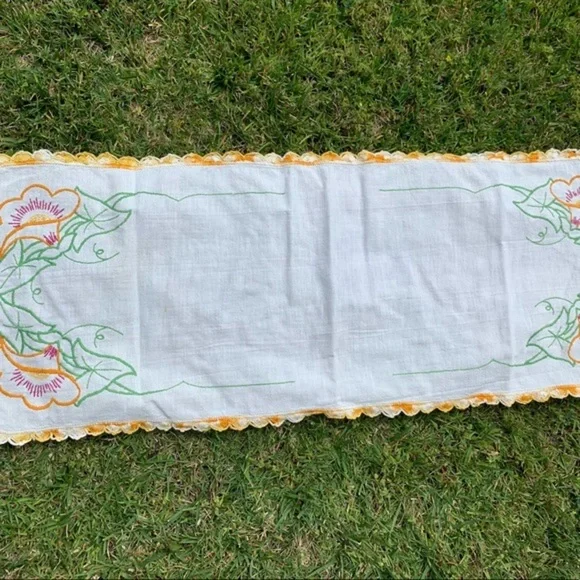 Embroidered Floral Table Runner - White and Yellow