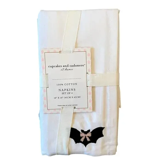 CUPCAKES & CASHMERE Set Of 4 Embroidered Bat With Bow Napkins