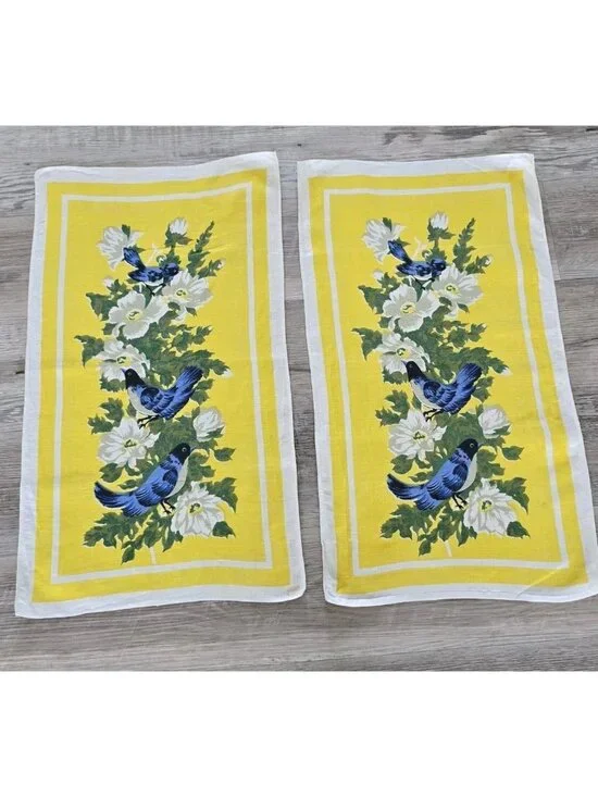 2 Vtg Parisian Prints Tea Towel X2 Yellow Blue Birds