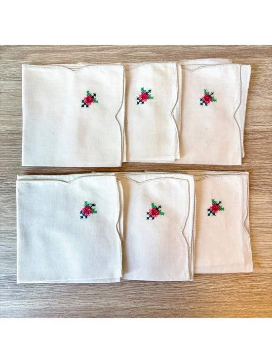 Vintage Linen Cocktail Napkins Set of 6, Embroidered, White Tea Party Dinner