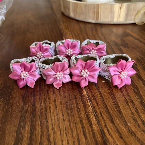 Handmade Pink Flower With Lace Napkins Rings Set Of 7