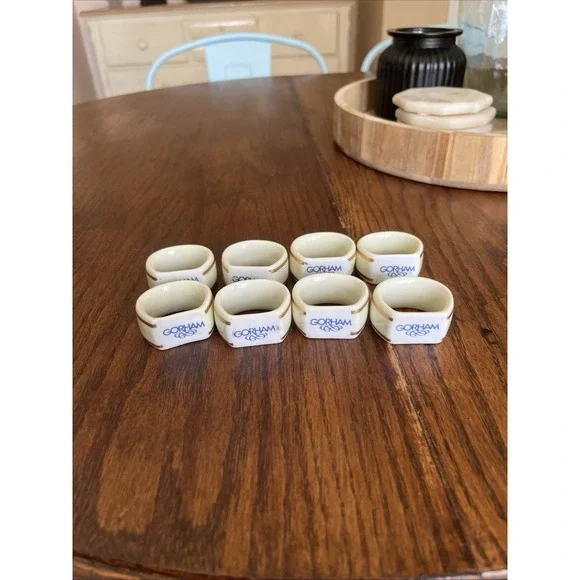 Set Of 8 Gorham Vintage Ivory Porcelain Napkin Rings with Gold Trim EUC
