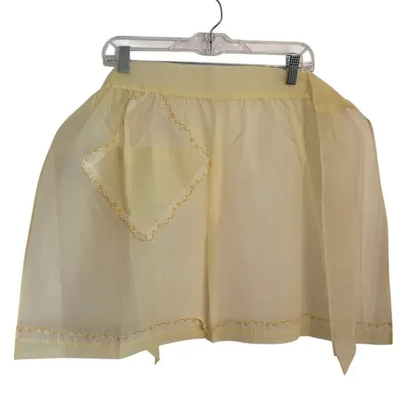 Vintage yellow organza half apron mid century lace trim pocket 50's homemaker