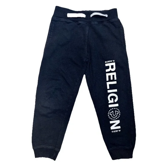 True Religion‎ Kids Jogger Sweatpants Size 5 Black Fleece Logo Drawstring Pants